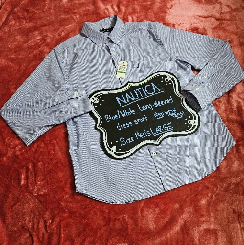 NAUTICA: Collared Button-Up Dress Shirt, Blue/White, Men's LARGE, BNWT